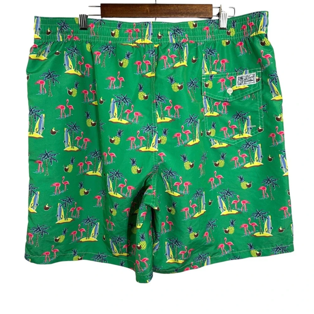 POLO RALPH LAUREN Green Traveler Lined Swim Trunks Pockets Flamingo Surf Size LT